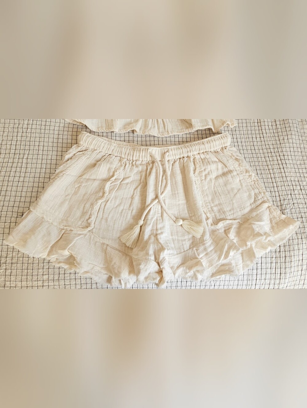 Roxy Cream Two-Piece Ruffled Tank & Drawstring Shorts Set - Picture 3 of 7